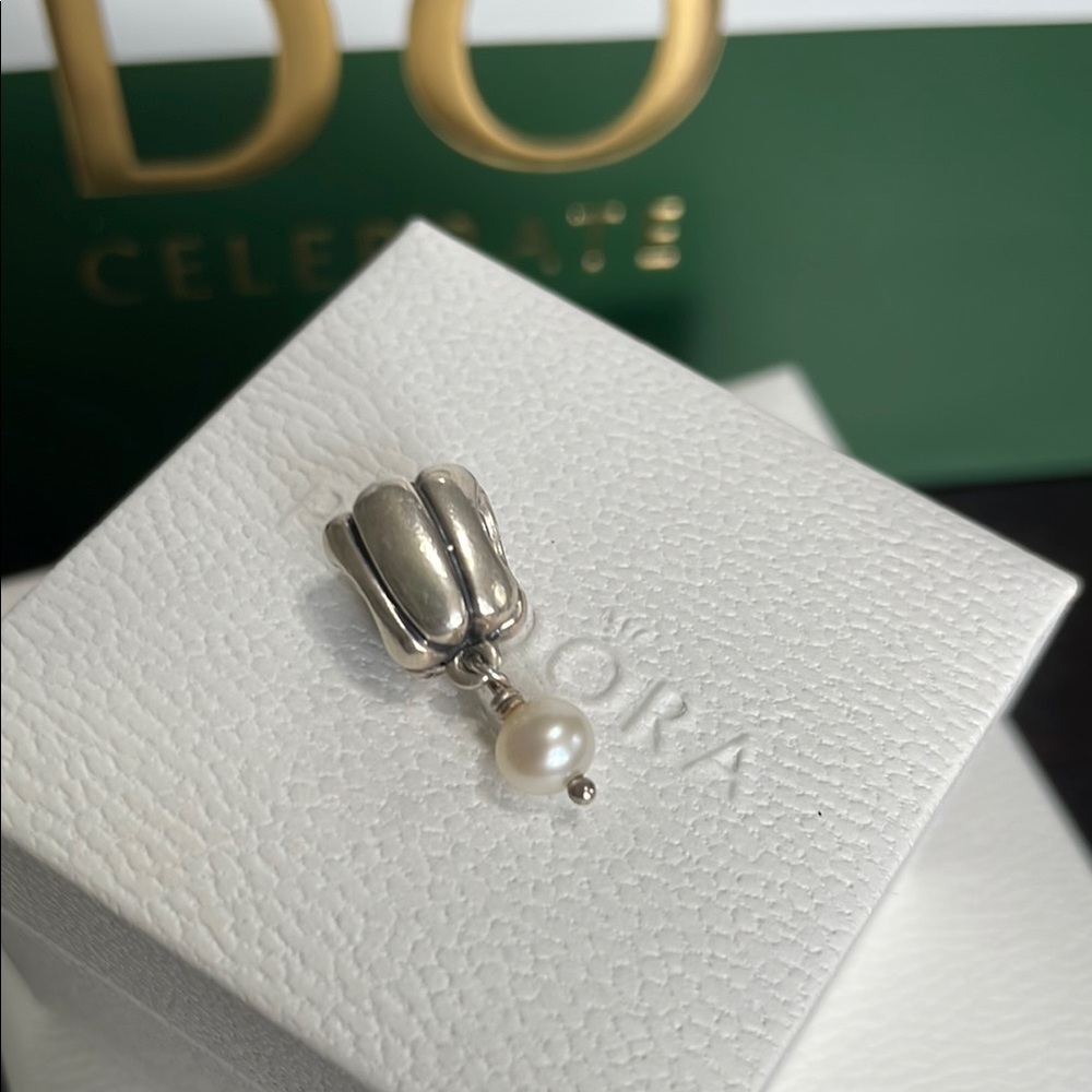 Pandora Cultured Pearl Dangle Charm with CZ Flower RETIRED RARE